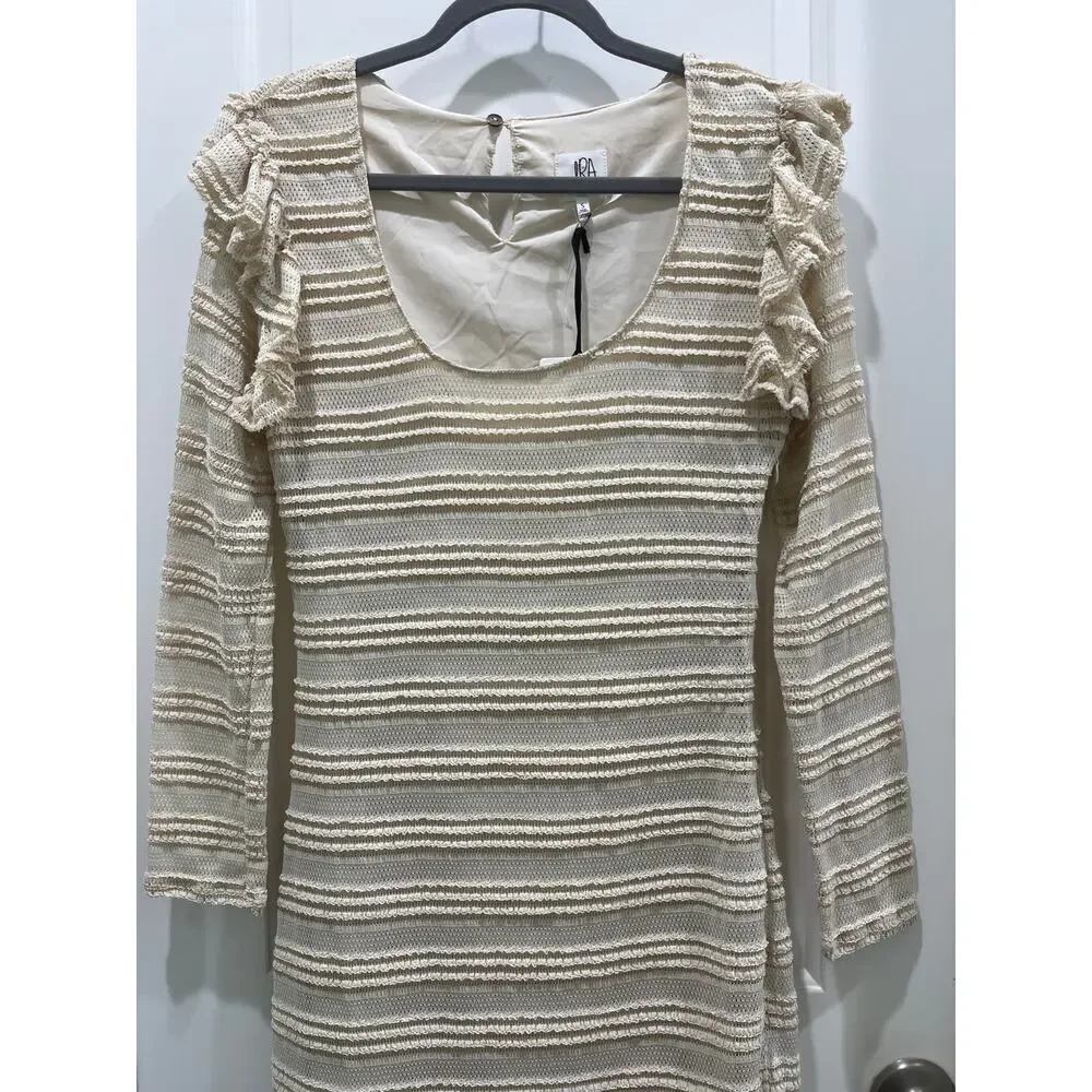 NWT dRA Los Angeles Open Knit Beige Crochet Ruffle Long Sleeve Midi Dress Sz S